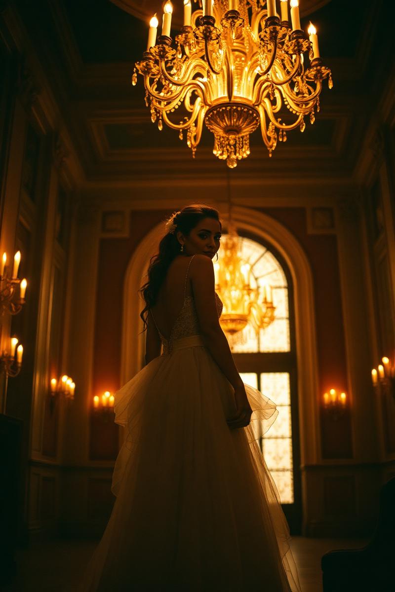 Gown beneath chandelier